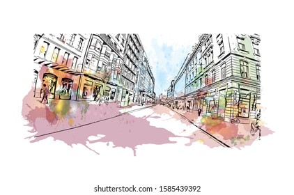 Building view with landmark of Chamonix-Mont-Blanc (usually shortened to Chamonix) is a resort area near the junction of France. Watercolor splash with Hand drawn sketch illustration in vector.