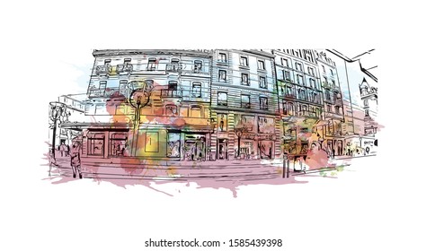 Building view with landmark of Chamonix-Mont-Blanc (usually shortened to Chamonix) is a resort area near the junction of France. Watercolor splash with Hand drawn sketch illustration in vector.