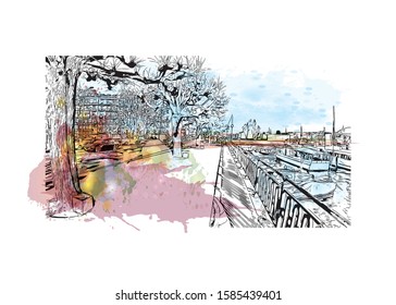 Building view with landmark of Chamonix-Mont-Blanc (usually shortened to Chamonix) is a resort area near the junction of France. Watercolor splash with Hand drawn sketch illustration in vector.