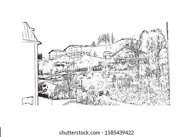 Building view with landmark of Chamonix-Mont-Blanc (usually shortened to Chamonix) is a resort area near the junction of France. Hand drawn sketch illustration in vector.