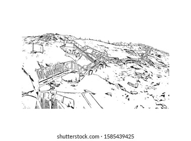 Building view with landmark of Chamonix-Mont-Blanc (usually shortened to Chamonix) is a resort area near the junction of France. Hand drawn sketch illustration in vector.