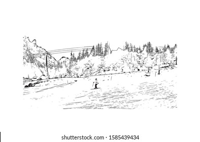 Building view with landmark of Chamonix-Mont-Blanc (usually shortened to Chamonix) is a resort area near the junction of France. Hand drawn sketch illustration in vector.