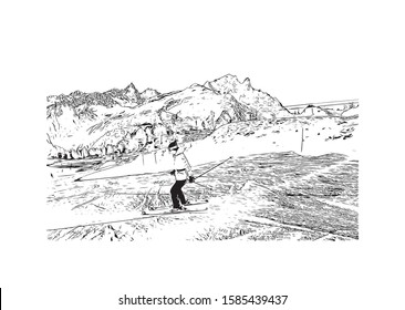 Building view with landmark of Chamonix-Mont-Blanc (usually shortened to Chamonix) is a resort area near the junction of France. Hand drawn sketch illustration in vector.