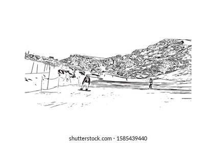 Building view with landmark of Chamonix-Mont-Blanc (usually shortened to Chamonix) is a resort area near the junction of France. Hand drawn sketch illustration in vector.