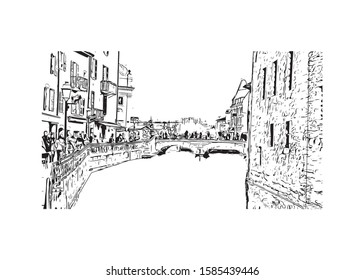 Building view with landmark of Chamonix-Mont-Blanc (usually shortened to Chamonix) is a resort area near the junction of France. Hand drawn sketch illustration in vector.