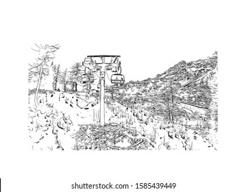 Building view with landmark of Chamonix-Mont-Blanc (usually shortened to Chamonix) is a resort area near the junction of France. Hand drawn sketch illustration in vector.