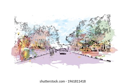 Building view with landmark of Chandigarh is the 
city in India. Watercolor splash with hand drawn sketch illustration in vector.