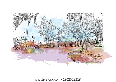 Building view with landmark of Chandigarh is the 
city in India. Watercolor splash with hand drawn sketch illustration in vector.