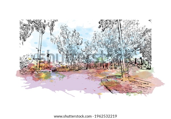Building view with landmark of Chandigarh is the\
\
city in India. Watercolor splash with hand drawn sketch\
illustration in\
vector.
