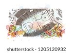 Building view with landmark of Charlotte is a major city and commercial hub in North Carolina. Watercolor splash with Hand drawn sketch illustration in vector.