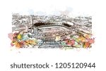 Building view with landmark of Charlotte is a major city and commercial hub in North Carolina. Watercolor splash with Hand drawn sketch illustration in vector.