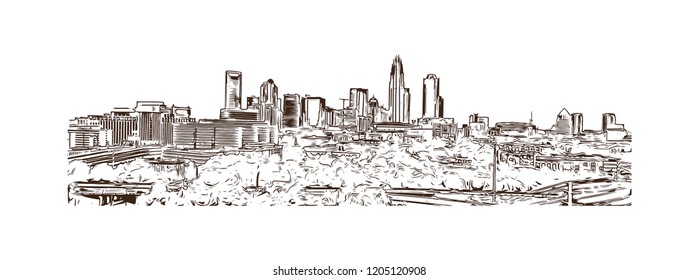 Building view with landmark of Charlotte is a major city and commercial hub in North Carolina. Hand drawn sketch illustration in vector.