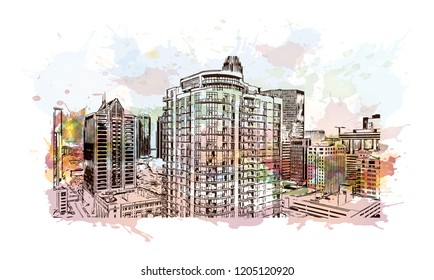 Building view with landmark of Charlotte is a major city and commercial hub in North Carolina. Watercolor splash with Hand drawn sketch illustration in vector.