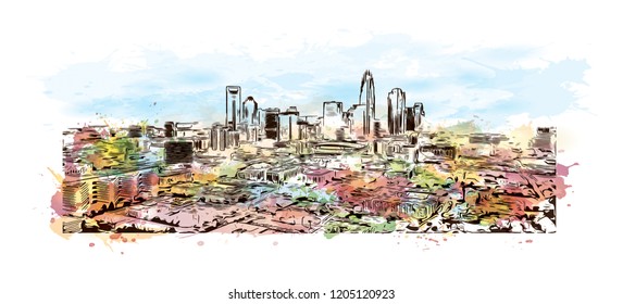 Building view with landmark of Charlotte is a major city and commercial hub in North Carolina. Watercolor splash with Hand drawn sketch illustration in vector.