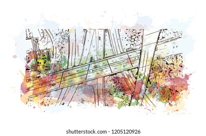 Building view with landmark of Charlotte is a major city and commercial hub in North Carolina. Watercolor splash with Hand drawn sketch illustration in vector.