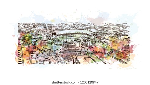 Building view with landmark of Charlotte is a major city and commercial hub in North Carolina. Watercolor splash with Hand drawn sketch illustration in vector.