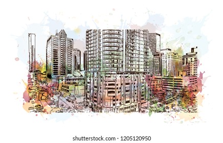 Building view with landmark of Charlotte is a major city and commercial hub in North Carolina. Watercolor splash with Hand drawn sketch illustration in vector.