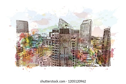 Building view with landmark of Charlotte is a major city and commercial hub in North Carolina. Watercolor splash with Hand drawn sketch illustration in vector.