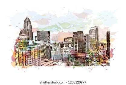 Building view with landmark of Charlotte is a major city and commercial hub in North Carolina. Watercolor splash with Hand drawn sketch illustration in vector.