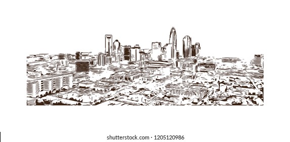 Building view with landmark of Charlotte is a major city and commercial hub in North Carolina. Hand drawn sketch illustration in vector.