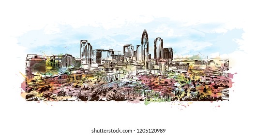 Building view with landmark of Charlotte is a major city and commercial hub in North Carolina. Watercolor splash with Hand drawn sketch illustration in vector.