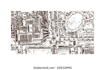 Building view with landmark of Charlotte is a major city and commercial hub in North Carolina. Hand drawn sketch illustration in vector.