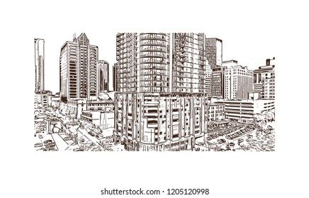Building view with landmark of Charlotte is a major city and commercial hub in North Carolina. Hand drawn sketch illustration in vector.
