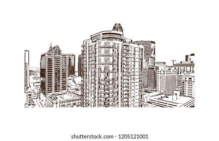 Building view with landmark of Charlotte is a major city and commercial hub in North Carolina. Hand drawn sketch illustration in vector.