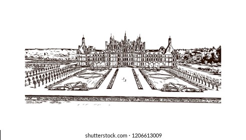 Building view with landmark of The Chateau de Chambord at Chambord, Loir-et-Cher, France. Hand drawn sketch illustration in vector.