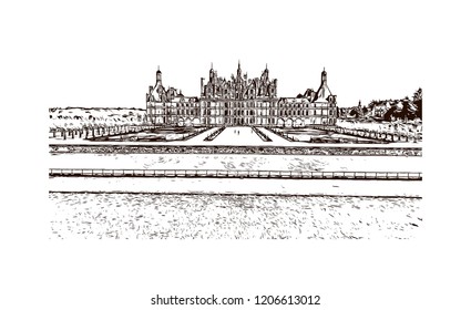 Building view with landmark of The Chateau de Chambord at Chambord, Loir-et-Cher, France. Hand drawn sketch illustration in vector.