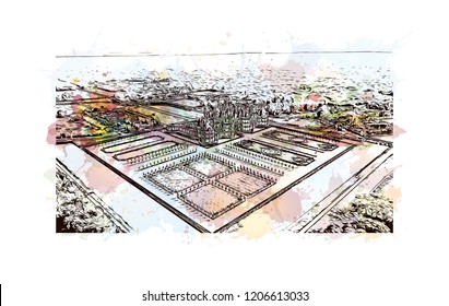 Building view with landmark of The Chateau de Chambord at Chambord, Loir-et-Cher, France. Watercolor splash with Watercolor splash with Hand drawn sketch illustration in vector.