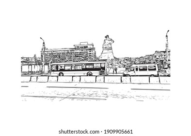 Building view with landmark of Chelyabinsk is the
city in Russia. Hand drawn sketch illustration in vector.