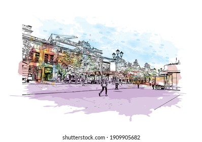 Building view with landmark of Chelyabinsk is the
city in Russia. Watercolor splash with hand drawn sketch illustration in vector.