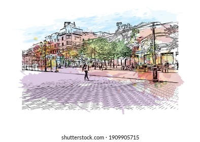 Building view with landmark of Chelyabinsk is the
city in Russia. Watercolor splash with hand drawn sketch illustration in vector.