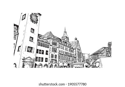 La vista de edificio con un punto de referencia de Chemnitz es el
ciudad de Alemania. Dibujo a mano de ilustración de esbozo en vector.