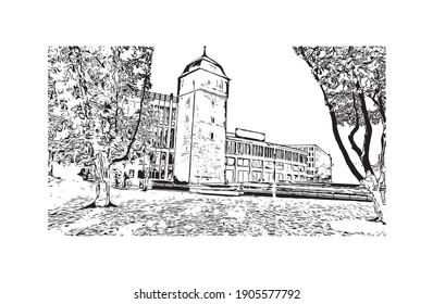 Building view with landmark of Chemnitz is the
city in Germany. Hand drawn sketch illustration in vector.