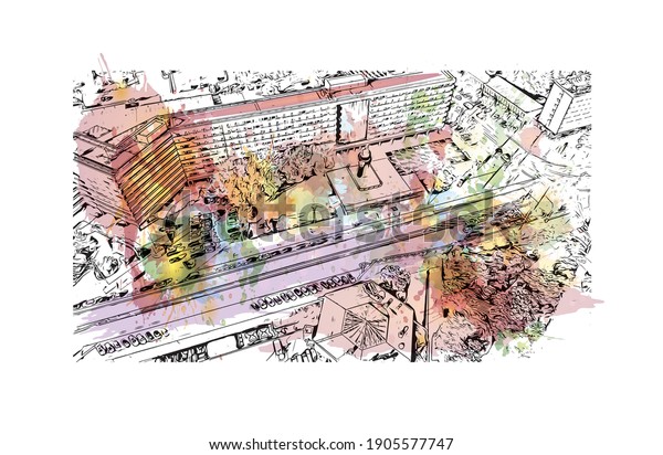 Building view with landmark of Chemnitz is\
the\
city in Germany. Watercolor splash with hand drawn sketch\
illustration in\
vector.