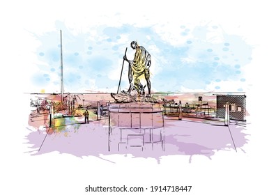 Building view with landmark of Chennai is the city in India. Watercolour splash with hand drawn sketch illustration in vector.