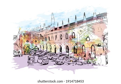 Building view with landmark of Chennai is the city in India. Watercolour splash with hand drawn sketch illustration in vector.