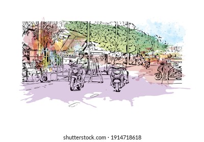 Building view with landmark of Chennai is the city in India. Watercolour splash with hand drawn sketch illustration in vector.
