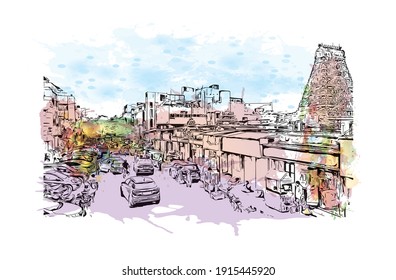 Building view with landmark of Chennai is the
city in India. Watercolour splash with hand drawn sketch illustration in vector.