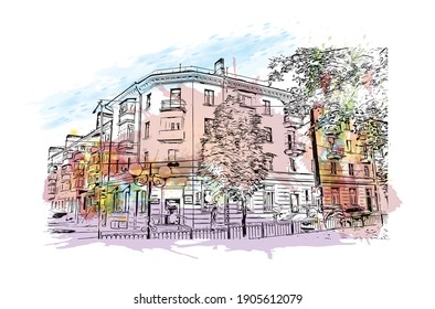 Building view with landmark of Chernihiv is a city in northern Ukraine. Watercolor splash with hand drawn sketch illustration in vector.