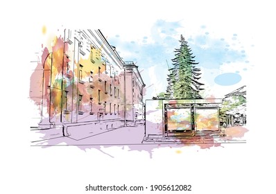 Building view with landmark of Chernihiv is a city in northern Ukraine. Watercolor splash with hand drawn sketch illustration in vector.