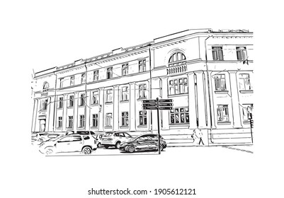 Building view with landmark of Chernihiv is a city in northern Ukraine. Hand drawn sketch illustration in vector.