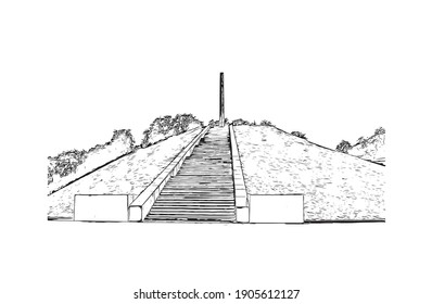 Building view with landmark of Chernihiv is a city in northern Ukraine. Hand drawn sketch illustration in vector.