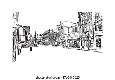 Building view with landmark of  Chester is a city in northwest England. Hand drown sketch illustration in vector.