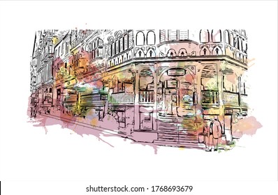 Building view with landmark of  Chester is a city in northwest England. Water cooler splash with hand drown sketch illustration in vector.