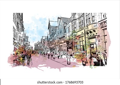 Building view with landmark of  Chester is a city in northwest England. Water cooler splash with hand drown sketch illustration in vector.