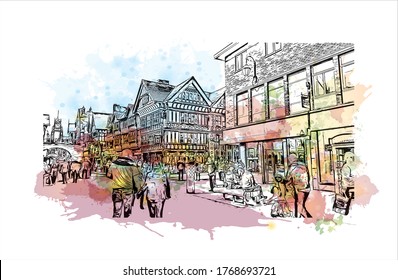 Building view with landmark of  Chester is a city in northwest England. Water cooler splash with hand drown sketch illustration in vector.