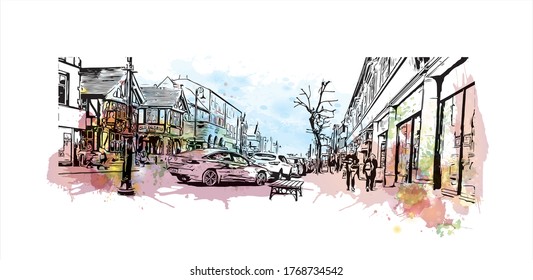 Building view with landmark of  Chester city walls consist of a defensive structure built to protect the city of chester.  Watercolor splash with hand drown sketch illustration in vector. 